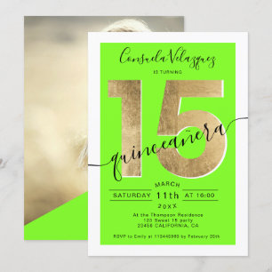 gold foil chic script neon green quinceanera photo invitation