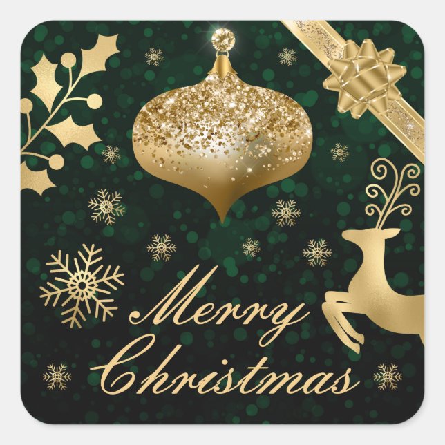 Gold Foil Christmas bauble and Ribbon Square Sticker (Front)