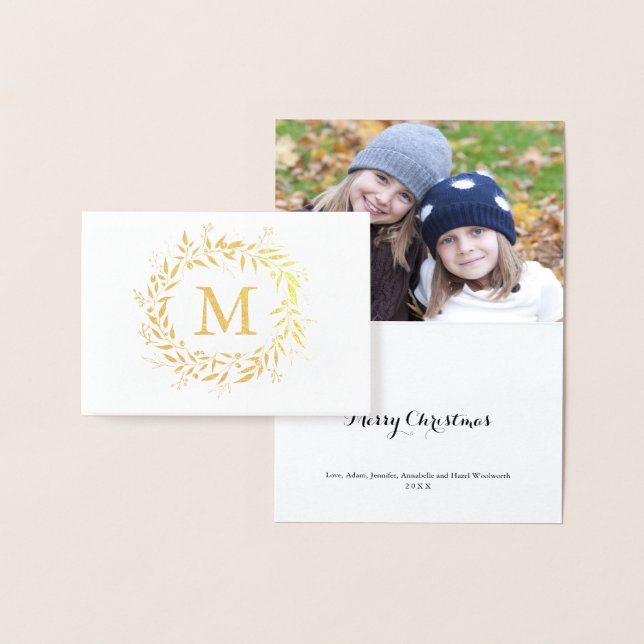 Gold Foil Christmas Holiday Monogram Wreath Foil Card (Display)