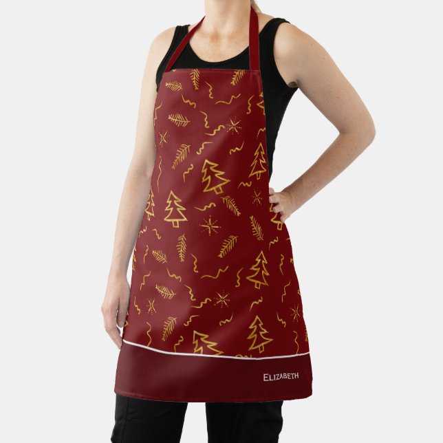 Gold Foil Christmas Tree Pattern Red Holiday Apron (Insitu)