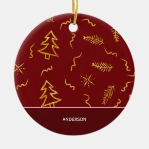 Gold Foil Christmas Tree Pattern Red Holiday Ceramic Tree Decoration