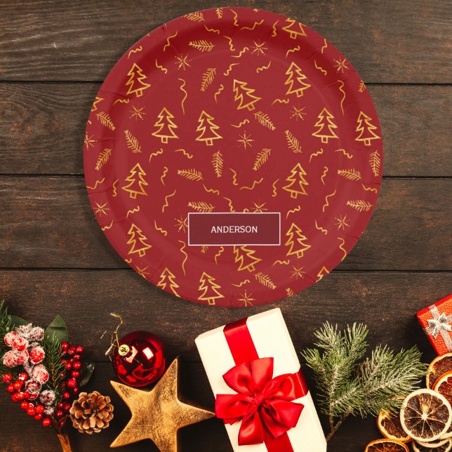 Gold Foil Christmas Tree Pattern Red Holiday Paper Plate (Creator Uploaded)
