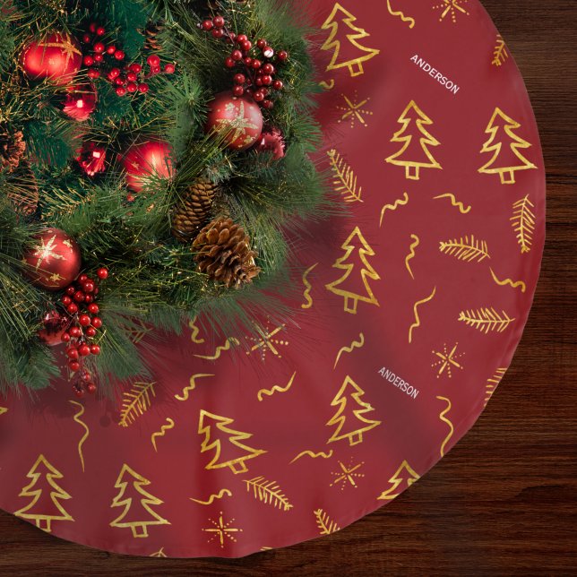 Gold Foil Christmas Tree Pattern Red Holiday Party Brushed Polyester Tree Skirt (Creator Uploaded)
