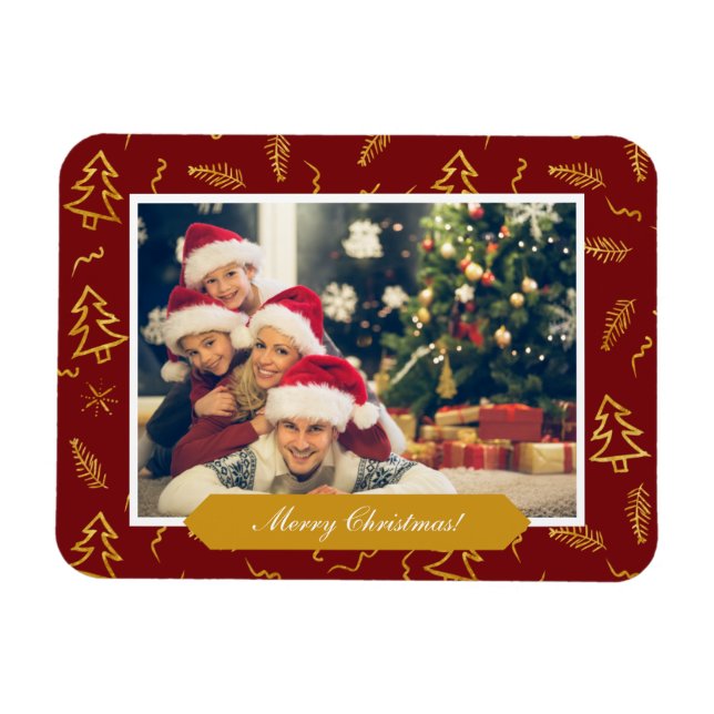 Gold Foil Christmas Tree Pattern Red Holiday Photo Magnet (Horizontal)