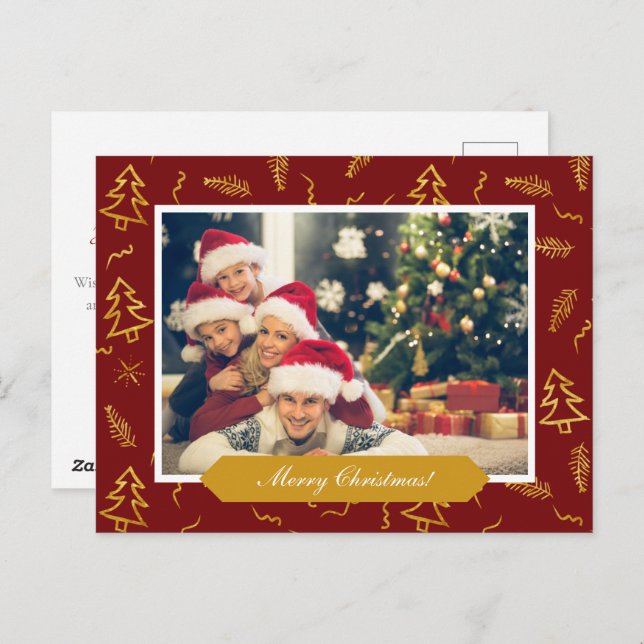 Gold Foil Christmas Tree Pattern Red Holiday Photo Postcard (Front/Back)