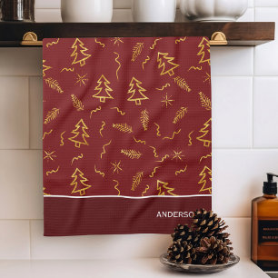 Gold Foil Christmas Tree Pattern Red Holiday Tea Towel