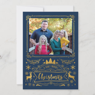 Gold Foil Collage on Navy Blue Photo Christmas Holiday Card