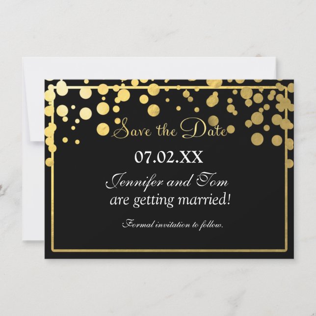 Gold Foil Confetti Black Invitation Save date Card (Front)