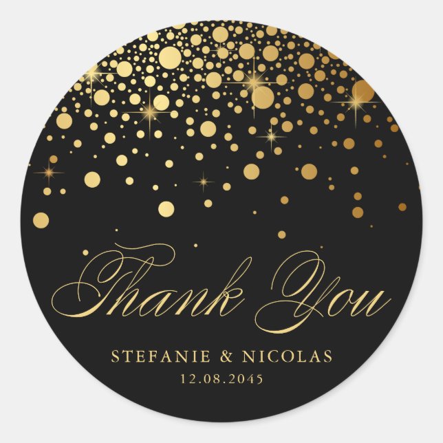 Gold Foil Confetti Black Wedding Thank You Classic Round Sticker (Front)