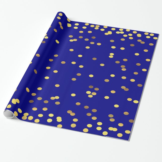 Gold Foil Confetti Blue Wrapping Paper (Unrolled)