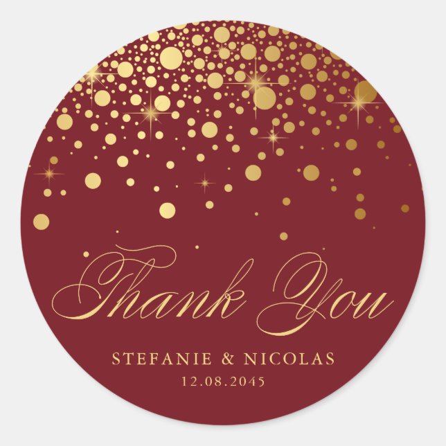 Gold Foil Confetti Burgundy Wedding Thank You Classic Round Sticker (Front)