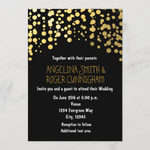Gold Foil Confetti Dots Black Wedding Invitation