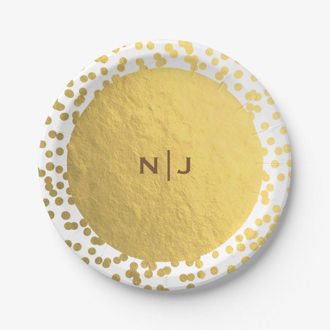 Gold Foil Confetti Dots Glam Modern Wedding Paper Plate (Front)