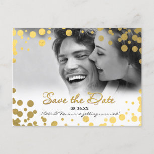 Gold Foil Confetti Dots Photo Save Date Postcard