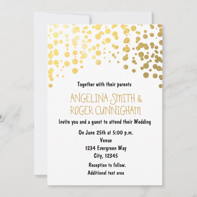 Gold Foil Confetti Dots White Wedding Invitation (Front)