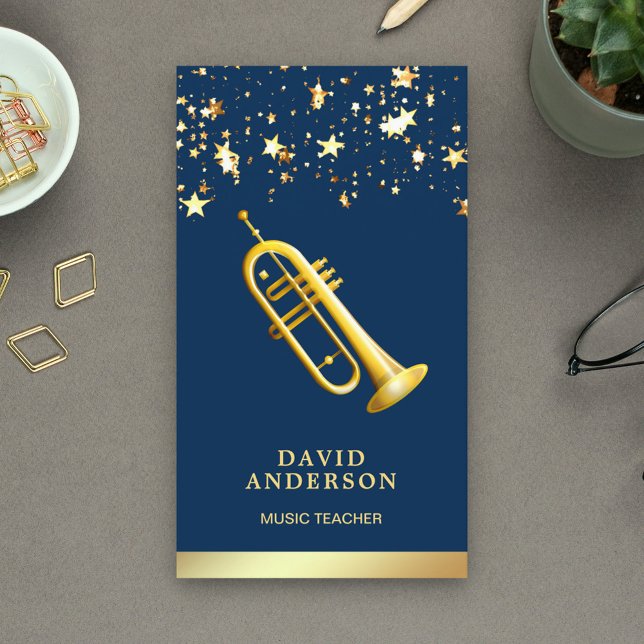 Gold Foil Confetti Elegant Trumpet Music Teacher Business Card (Creator Uploaded)