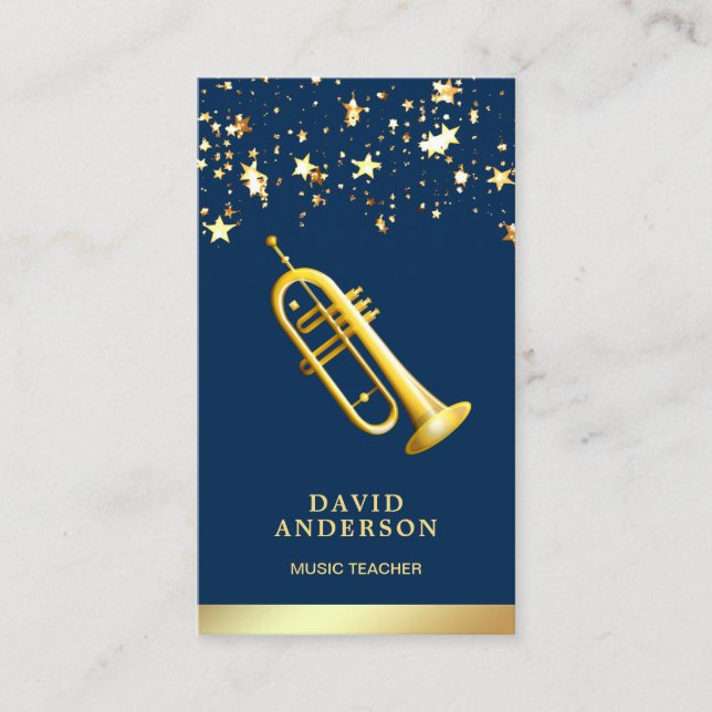 Gold Foil Confetti Elegant Trumpet Music Teacher Business Card (Front)