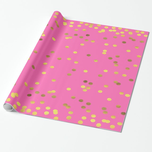 Gold Foil Confetti Hot Pink Wrapping Paper (Unrolled)