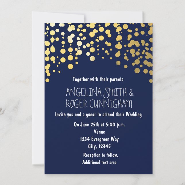 Gold Foil Confetti Navy Blue Wedding Invitation (Front)