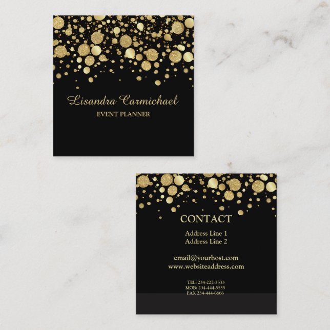 Gold Foil Confetti On Black Square Business Card (Front/Back)