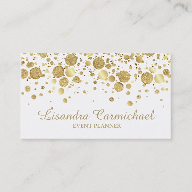 Gold Foil Confetti On White Business Card (Front)