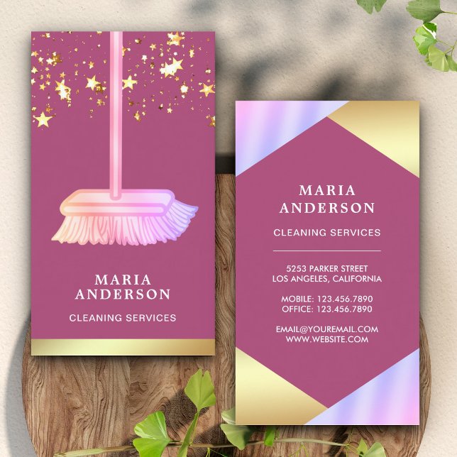 Gold Foil Confetti Pink Broom Cleaning Services Business Card (Creator Uploaded)