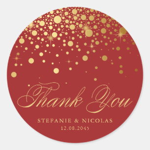 Gold Foil Confetti Red Wedding Thank You Classic Round Sticker