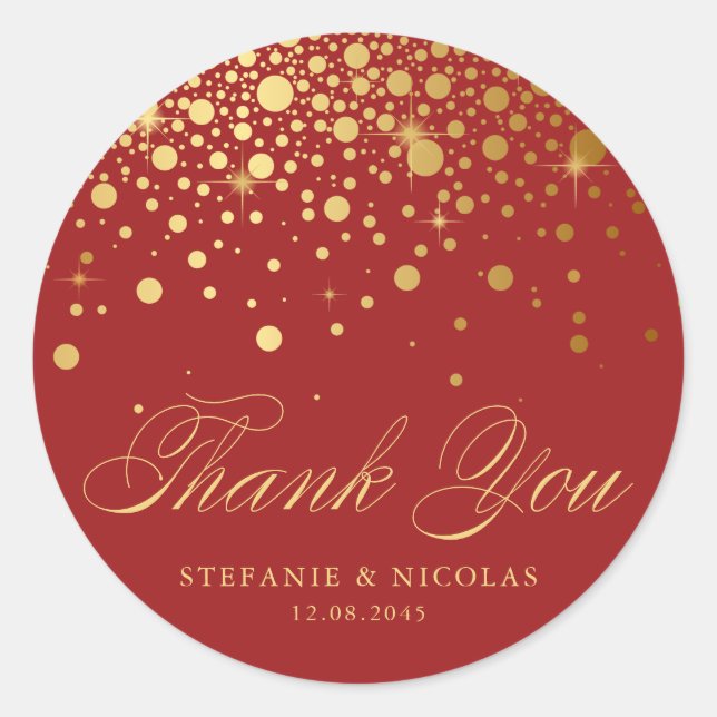 Gold Foil Confetti Red Wedding Thank You Classic Round Sticker (Front)