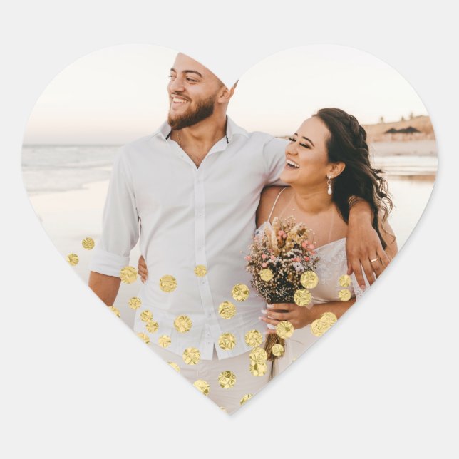 Gold Foil Confetti Wedding Photo Heart Sticker (Front)