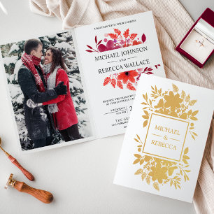 Gold Foil Crimson Red Floral Wedding Invitation
