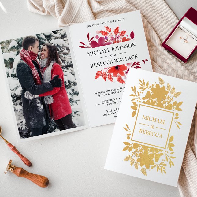 Gold Foil Crimson Red Floral Wedding Invitation (Creator Uploaded)