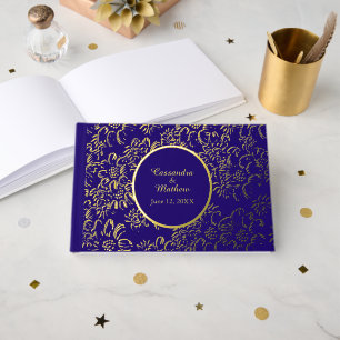 Gold Foil Daisies Floral Royal Blue Wedding Guest Book
