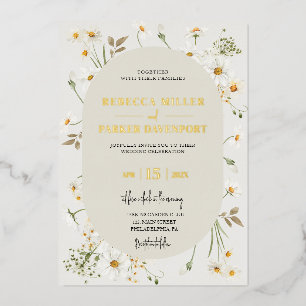 Gold foil daisy wildflowers wedding invitation