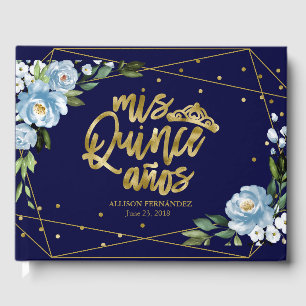 Gold Foil Dark Blue Floral Quinceanera Party Guest Book