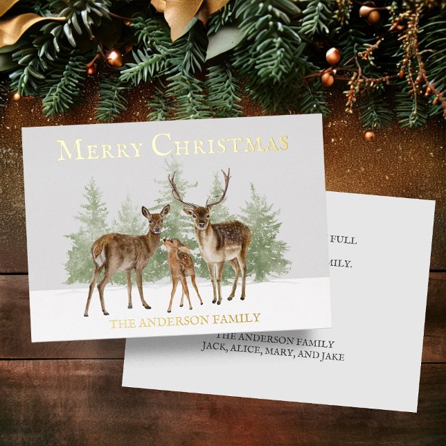 Gold Foil Deer Family Snow Pine Merry Christmas Holiday Card (Rustic deer family gold foil Christmas greeting card personalized with your family name and message.)