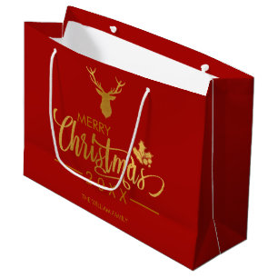 Gold Foil Deer Merry Christmas Personalised Red Large Gift Bag