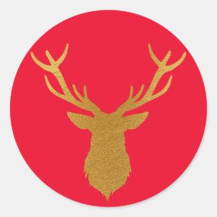 Gold Foil Deer Red Holiday Classic Round Sticker