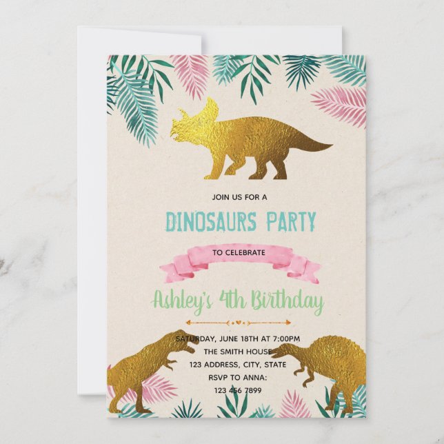 Gold foil dinosaur theme invitation (Front)