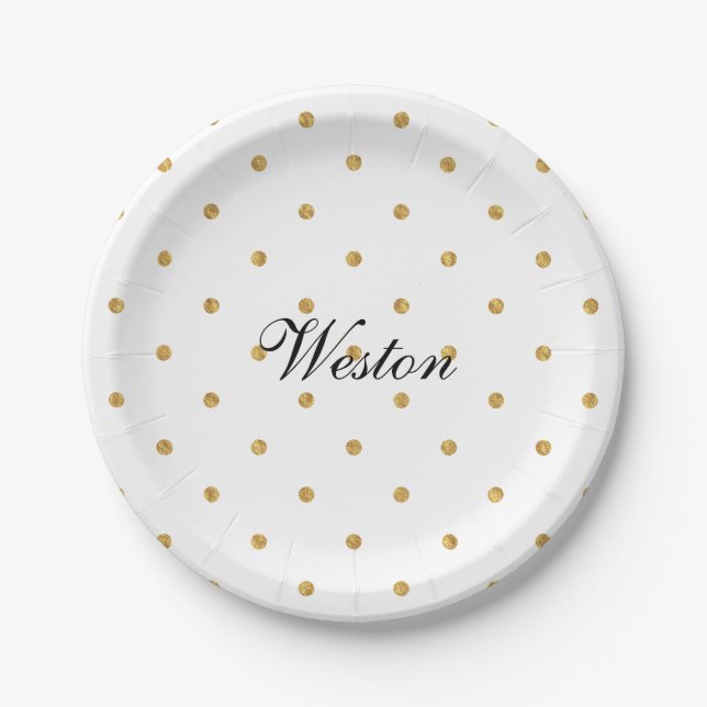 Gold Foil Dots Metallic Monogram Entertaining Paper Plate (Front)