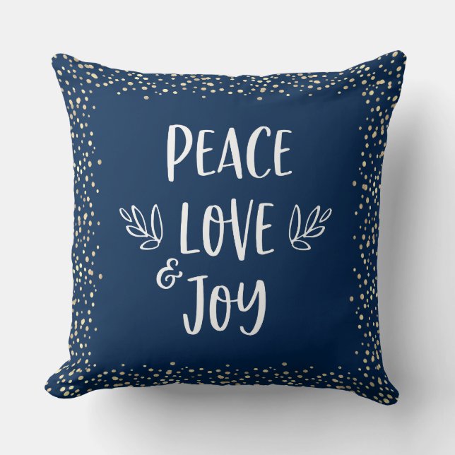 Gold Foil Dots Navy Peace Love Joy Script Modern  Cushion (Front)