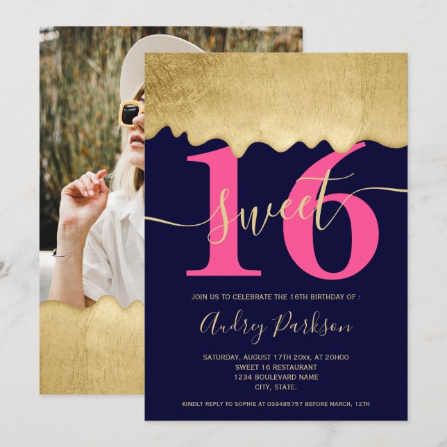 Gold foil drips photo navy blue pink Sweet 16 Invitation (Front/Back)