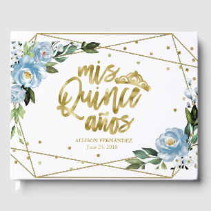 Gold Foil Dusty Blue Floral Quinceanera Party  Guest Book