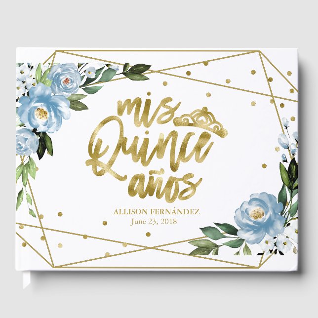 Gold Foil Dusty Blue Floral Quinceanera Party  Guest Book (Front)