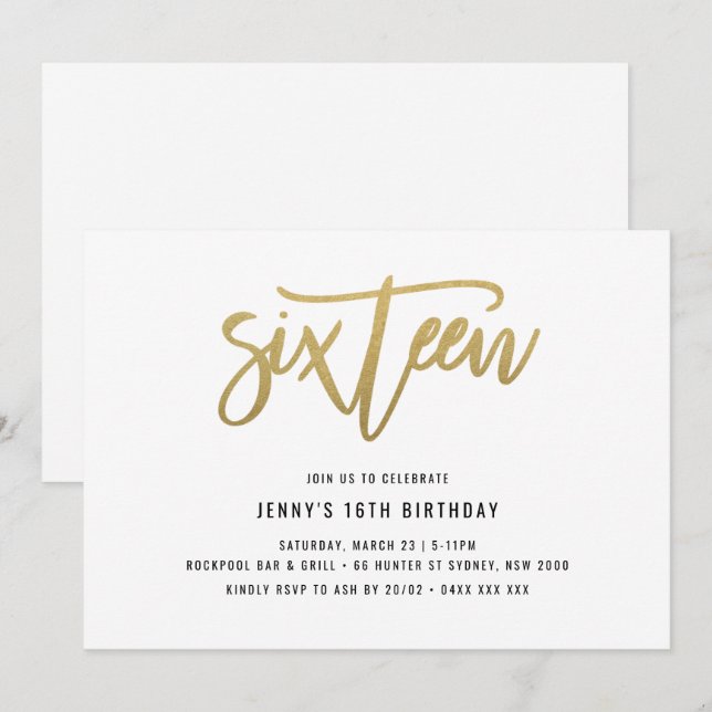 Gold Foil Effect 16th Birthday Invitation (Front/Back)