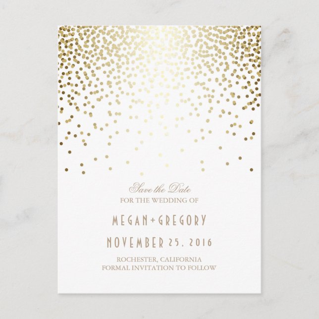 gold foil effect confetti elegant save the date announcement postcard (Front)