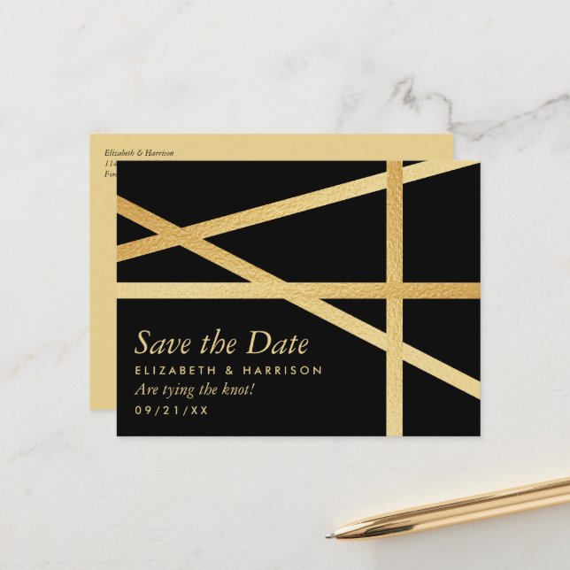 Gold Foil Effect Geometric Style Save the Date Announcement Postcard (Front/Back In Situ)