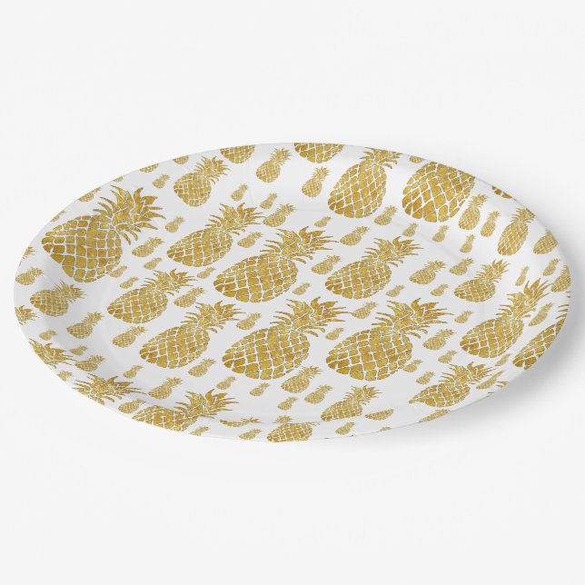 gold foil effect pineapples paper plate (Angled)