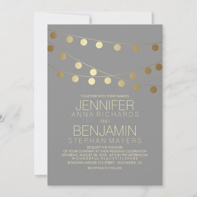 Gold Foil Effect String Lights Wedding Invitation (Front)