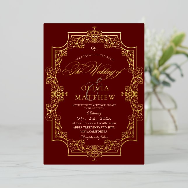 Gold Foil Elegance Burgundy Photo Wedding (Standing Front)