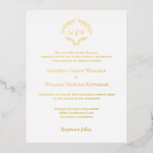 Gold Foil Elegant Wreath Monogram Formal Wedding Foil Invitation Postcard (Front)